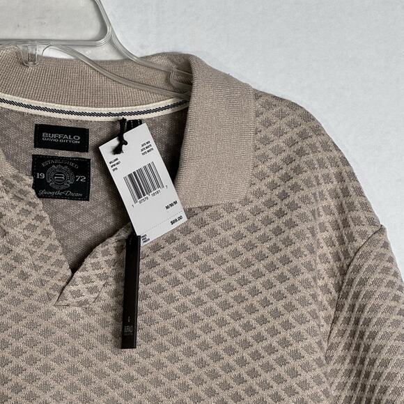 Buffalo David Bitton Men’s Knit Polo Shirt Size M NWT Beige Textured Pattern - Picture 1 of 10